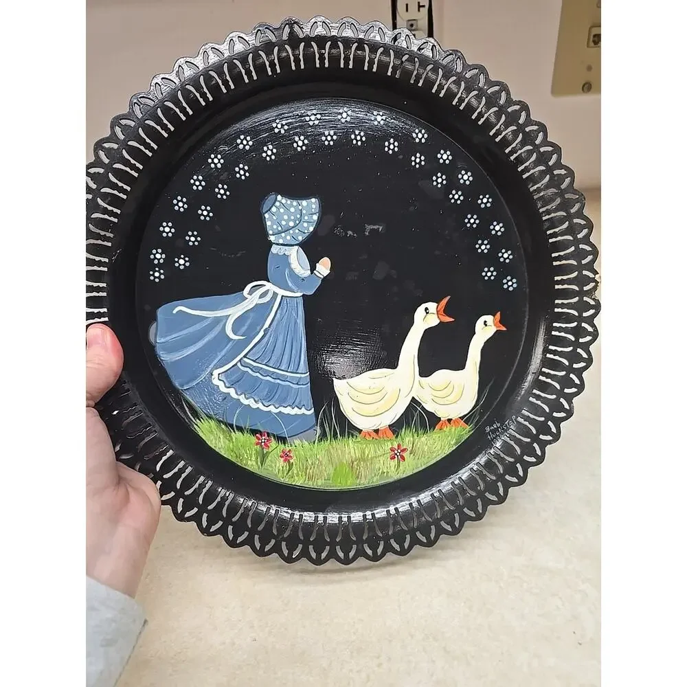 Vtg Hand Painted Tole Metal Tray Lace Edge Folk Art Sunbonnet Girl Geese‎ 1986